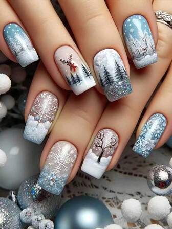 24 Pieces Of Christmas Nail Chips With A Sweet And Cool High-End Feel, Sparkling Pink Reindeer Snowflake Design Embellishment - Charcoal And Wine Red Contrasting Splicing - European Style Short Fake Nails Suitable For Girls And Ladies. Gift Includes Jelly Glue And Nail Files