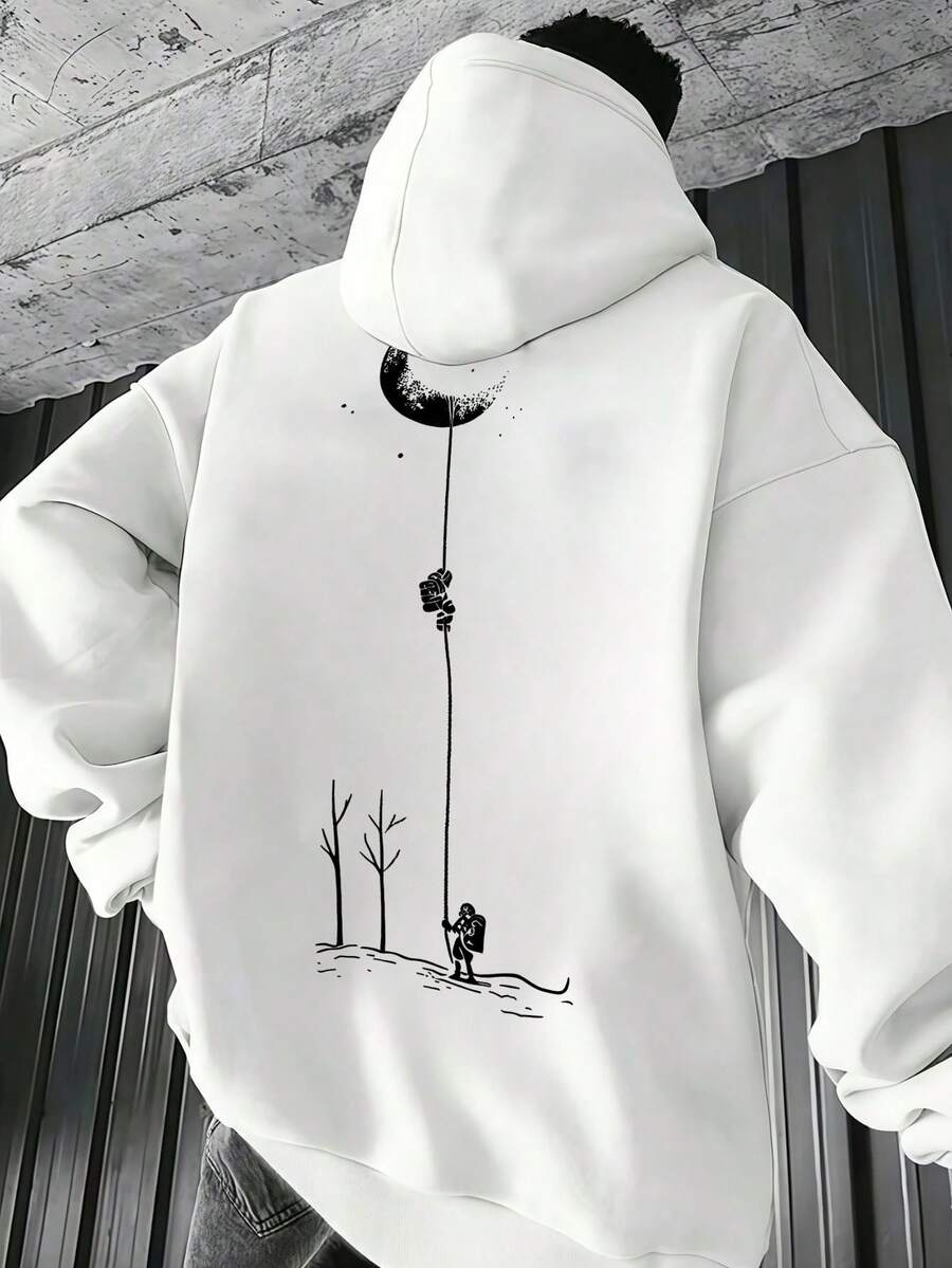 Men's Printed Casual Hoodie With Pocket, Long Sleeve Sweatshirt - White - View 1