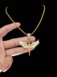 1pc Cubic Zirconia Angel Shaped Pendant & 1pc Stainless Steel Twisted Chain Necklace, Unisex Hip Hop Punk Pendant Necklace, Fashionable Vintage Jewelry, Suitable For Daily Wear Or Parties, Gift For Valentine - Yellow Gold - View 5