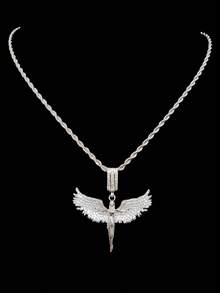 1pc Cubic Zirconia Angel Shaped Pendant & 1pc Stainless Steel Twisted Chain Necklace, Unisex Hip Hop Punk Pendant Necklace, Fashionable Vintage Jewelry, Suitable For Daily Wear Or Parties, Gift For Valentine - Yellow Gold - View 7