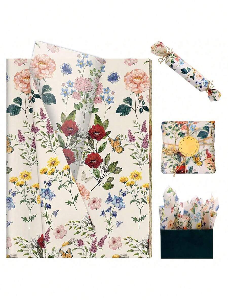 1张/10张/20张/50张野花图案薄纸，尺寸50*35厘米（19.7英寸*13.78英寸），适合DIY手工制作，红色罂粟花印花艺术装饰薄纸，非常适合派对礼物包装、生日礼物包装、花束包装、鞋子和衣服包装、礼品袋填充物，以及各种场合的装饰，如情人节、教师节、感恩节、母亲节、婚礼和生日礼物。