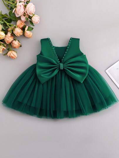 Baby Girls' Moss Green Bow Decor Mesh Patchwork Sleeveless Mini Dress