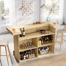 LITTLE TREE 4-Tier Bar Table, 70.9-Inch Large Wooden Home Bar Unit With Wine Glass Holder And Black Footrest, Pub Table With Storage Shelves For Home, Patio, Basement - 淺棕色 - 查看 10
