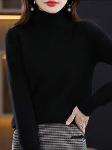 女士高领长袖毛衣，保暖柔软针织套头衫，适合秋冬季休闲穿着，黑色 - 黑色 - 查看 6