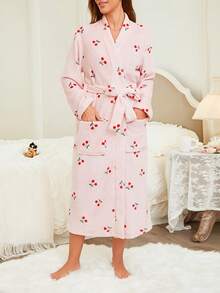 1pc Women's Cherry Print Long Sleeve Robe With Pockets And Belt - Cozy Warm V-Neck Bathrobe, Autumn/Winter Sleepwear, Comfortable Loungewear Or Spa Style Nightgown, Cherry Robe, Soft Fabric, Ladies Bathrobe - Multicolor - View 4