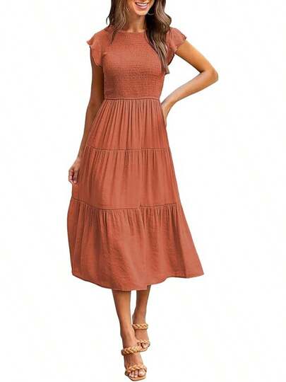 Vestidos de Mujer Elegantes Largos Casuales Maxi para Verano Moda Diaria, Manga con Volantes Plisados Escalonados