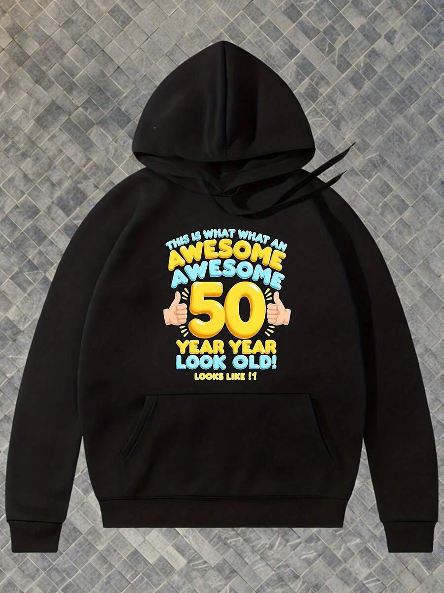Mens Funny 50  Bir Day Hoodie Awesome 50 Year Old Look Graphic Print   Fit Hooded Sweatshirt Long Sleeve Casual   For Autumn Winter Humorous Age Celebration Gift For Men Black Wi    Lettering - 款式5 - 查看 1