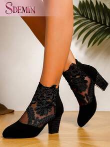 Early Autumn And Winter Daily Wear, Date Travel, Ladies' Temperament, Floral Print Lace Ankle Boots, Back Zipper Square High Heels, Round Toe Boots, And Fashionable Pointed Black Mesh Breathable High Heels Tacones Botas Para Mujer Tacones De Mujer Elegantes - 黑色 - 查看 3
