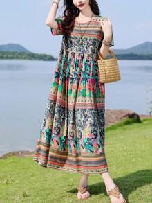 FANMUER Váy đi biển mùa hè họa tiết hoa Bohemian thanh lịch giản dị dành cho nữ - Đen và xanh lá cây - Xem 2