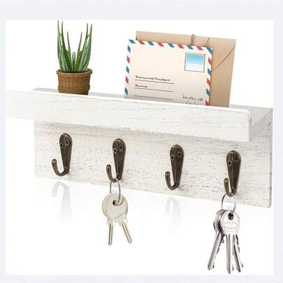1pc Rustic Wooden Key Holder With 4 Metal Hooks - Wall Mounted Key Rack And Mail Organizer, Suitable For Entryway, Bedroom, Kitchen, Living Room - Home Decor Wall Display Rack