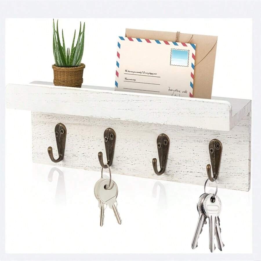 1 pieza Soporte de llaves de madera rústica con 4 ganchos de metal, estante de pared para llaves y organizador de correo para entrada, dormitorio, cocina, sala de estar, decoración del hogar, almacenamiento, exhibición decorativa funcional, diseño moderno y contemporáneo, solución de organización ahorradora de espacio, regalo perfecto para familia y amigos - Multicolor - Ver 1