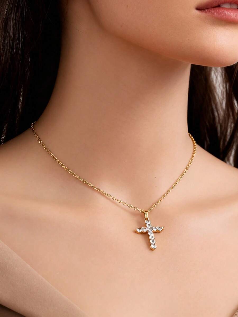 1pc Copper Zirconia Cross Pendant Necklace, Fashion Versatile Unique Design Pendant Necklace, Suitable For Women's Daily, Date, Vacation, Wedding, Festival Wear, Casual And Special Occasions, Birthday Gift, Mother's Day, Valentine's Day