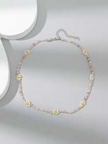 1pc Women's Sweet & Fresh Color-Blocking Beaded Flower Necklace, Suitable For Daily Wear (Bead Color Random)