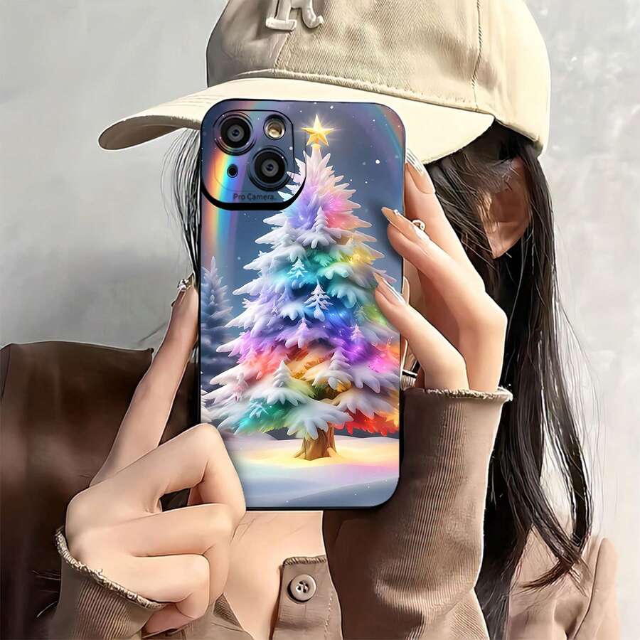 Estuche para teléfono con diseño de árbol de Navidad arcoíris ¡toque festivo y regalo perfecto! Compatible con fundas para teléfonos 17 16 Pro Max 15 Pro Max 13 y 12 Hecho de material de TPU, brinda protección contra golpes y caídas Ideal para vacaciones, familiares, amigos y celebraciones de invierno - Negro - Ver 1