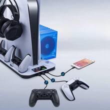 Game Console Vertical Cooling Stand With Dual Controller Charging Station, 3-Speed ​​Adjustable Fan For Enhanced Airflow, Compatible With  UHD And Digital Edition Consoles. - White - View 3