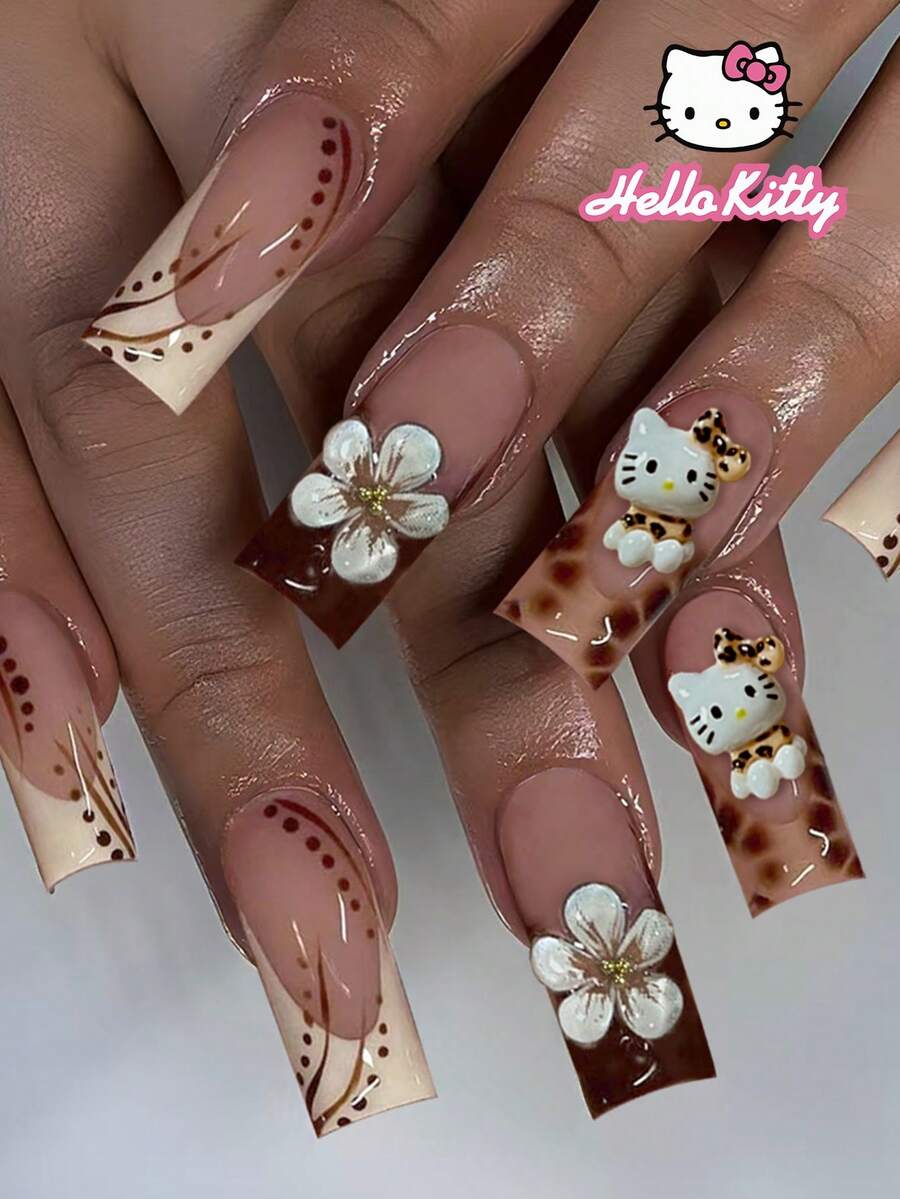 Sanrio Uñas postizas francesas 3D de Hello Kitty de Sanrio, 24 piezas de tamaño mediano con diseño de estampado de leopardo - Decoración 3D adorable de Hello Kitty, flores y lazos con rhinestones, set perfecto de uñas acrílicas falsas, incluye 1 pieza de pegamento de gelatina y 1 pieza de lima de uñas, adecuado para uso diario, fiestas y reuniones de mujeres y niñas