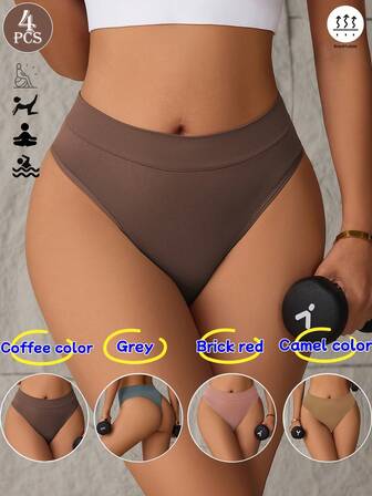 Aofeiqike Conjunto de 4 piezas de bragas deportivas sin costuras de alta calidad para mujer de talla grande, tipo tanga de cintura media en unicolor, estilo europeo y americano para chicas