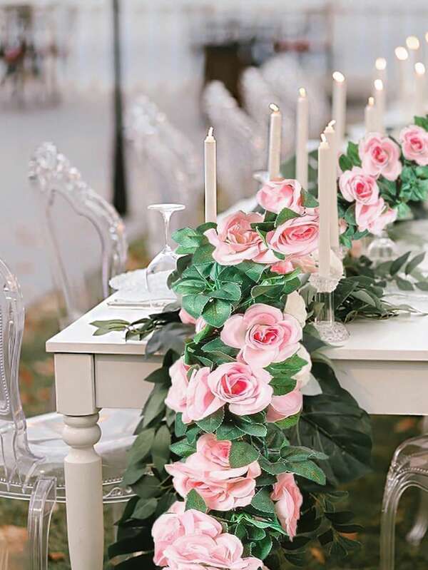 Viță de vie artificială cu trandafiri verzi, ghirlandă de trandafiri falși agățați, potrivită pentru cameră, petrecere, casă, nuntă, ziua de naștere, Crăciun, decor de arc de perete (roz)