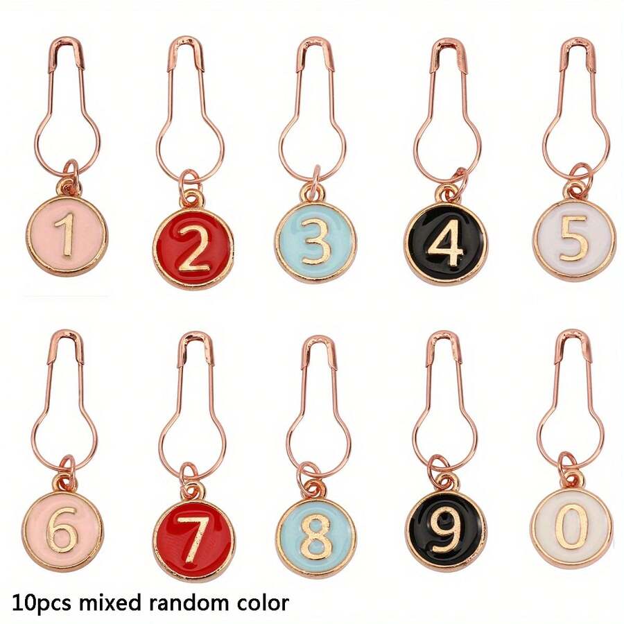 10 piezas de marcadores de punto de ganchillo con esmalte numerado, ganchos de ganchillo de aleación del 0 al 9 con anillos de hierro con cierre, para accesorios de tejido, ganchillo y costura - Rosa 10 piezas/juego - Ver 1