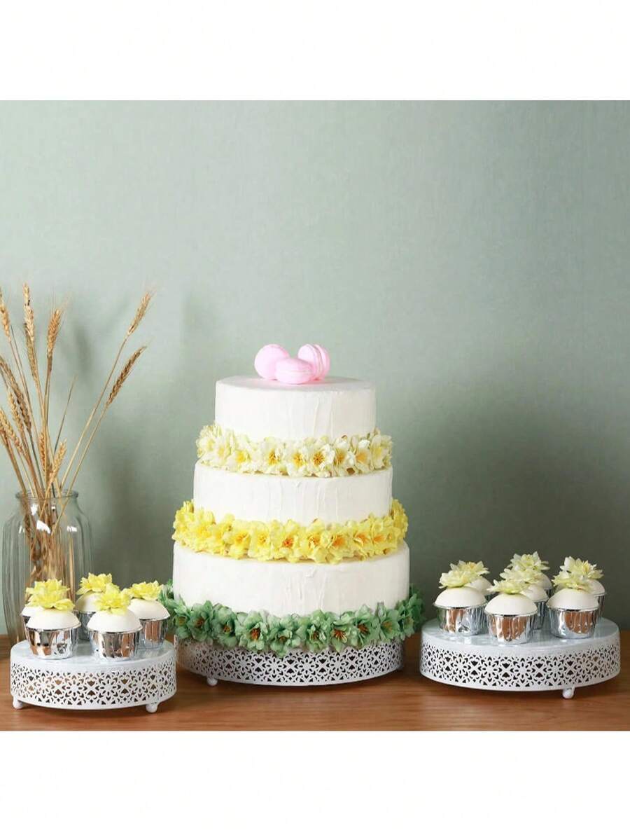 3-Piece Cake Stand Set Round Metal Cake Stands Dessert Display Cupcake Stands, Gold - 白色 - 查看 1