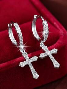 Cubic Zirconia Cross Drop Earrings - Yellow Gold - View 5