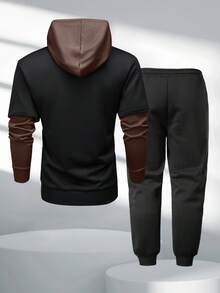 两件套：新款秋冬男士长袖假两件套连帽衫，带口袋，字母印花设计，松紧腰抽绳裤 - 休闲运动装，适合旅行、度假、健身、跑步、情侣装 - 彩色 - 查看 2