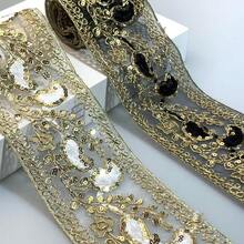 1/5 Yard, 8cm breite goldene metallische Pailletten Blumen Spitze, geeignet zum Nähen, kann für DIY Näharbeiten, Tischdecken Dekoration, Abendkleider und Heimdekoration verwendet werden, auch geeignet für Weihnachts- und Partydekorationen, DIY Haarclips. Vintage schwarze bestickte Pailletten Spitzenborte mit retro goldenem Blumenmuster - handgemachtes DIY Modeaccessoire, kann für Hüte, Kleider, Taschen und Vorhänge verwendet werden. - Verschiedenfarbig - Übersicht 3