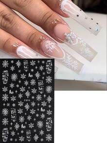 2片装闪亮白色雪花圣诞美甲贴纸，冬季雪景HOHO字母糖粉雪花美甲贴，圣诞新年美甲设计装饰，美甲用品 - 彩色 - 查看 8