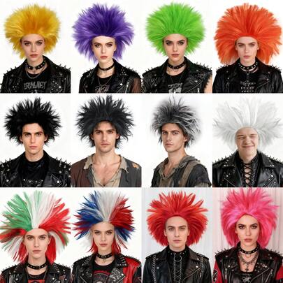 Short Fluffy Layered Straight Synthetic Rockabilly Hair Halloween Party Christmas Crazy Wig, Angry Cosplay Wigs, Cool Rocker Prince And Beggar Costume Hair Replacement Wigs, Unique Spiky And Funny Wig, Handsome Vagabond Disco Punk Anime Cosplay Wig, Beginner Friendly, Natural Looking, Glueless Comfort, Funky Fuzzy Wigs, Ideal Choice For Gifts, Stage Props