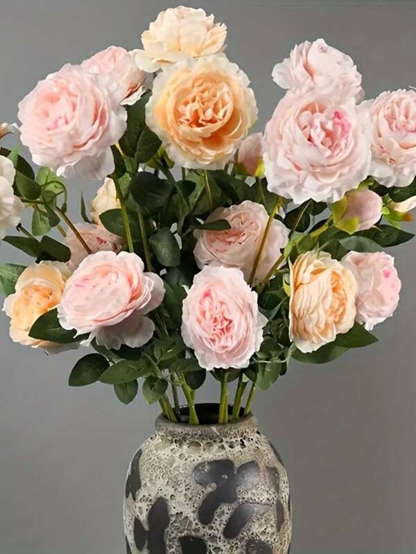 4 Packungen realistische Seiden-Pfingstrosen-Sträuße - 3 Köpfe bionikweicher rosa und weißer Blumen mit grünen Blättern, geeignet für Hochzeiten, Valentinstag-Dekorationen, DIY-Basteleien, Heimdekoration - pflegeleichtes Seiden-Tischzentrum