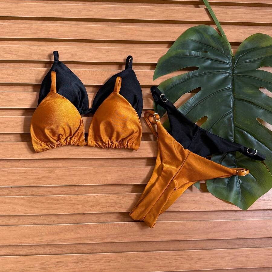 Kit 2 Bikini Thong Ribbon Bronze Curtain Beachwear Summer 2025 With Polyamide Cups Simple Elegant Casual - 赭石色 - 黑色 - 查看 1