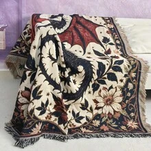 1 pieza Manta con borlas con estampado de dragón occidental de jacquard bohemio, versátil para todas las estaciones, adecuada para camping, sofá, oficina, dormitorio y decoración de la sala de estar