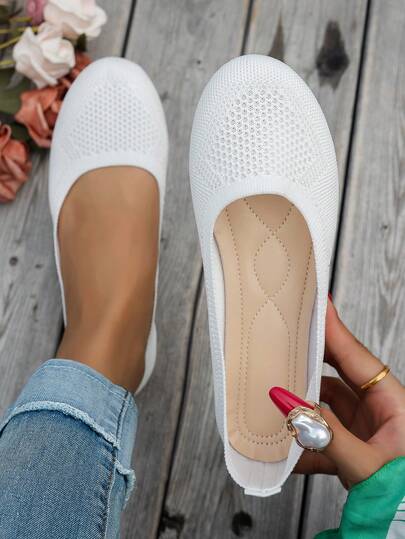 Giày dệt kim đế bằng thường ngày cho nữ, giày thể thao thoáng khí thoải mái, giày lười màu trơn thường ngày, giày công sở, phù hợp cho các bà mẹ