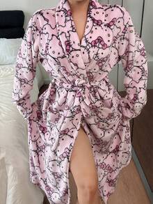 三丽鸥数码印花加厚浴袍，女士绒面睡衣 - 粉色 - 查看 6