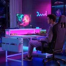 EnHomee 40" Home Office Desk With Power Outlets & LED Strip And Monitor Stand Computer Desk With Drawers & Storage Bag For Small Space,White - Xem 2