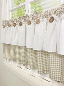 1pc Farmhouse Style Double Layer Cafe Curtain Valance - Brown Lattice Pattern, White Sheer Lace Trim, Retro Button Decor, All Seasons, Linen Fabric, Princess Style Short Curtain Tier For Living Room Kitchen Bathroom Window Decor - Red and White - View 3