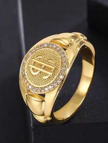 Hip-Hop Avant-Garde Large Dollar Sign Men's Ring With Sparkling Synthetic Cubic Zirconiaia Stones, Golden-Tone Statement For Parties, Christmas, Halloween & Daily Wear - Perfect Gift For Men, Hip Hop, Party Accessory, Design, Luxurious Appearance