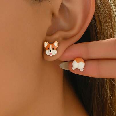 زوج من أقراط الأذن بتصميم كرتوني لشكل مؤخرة الكورجي الصغيرة، إبداعية وشاملة للحفلات والمواعيد والاستخدام اليومي