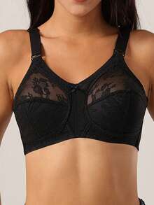 1件装女士纯色全罩杯性感蕾丝无钢圈聚拢透气薄款内衣文胸 - 黑色 - 查看 4