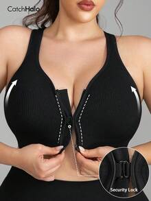 Bra Olahraga Ukuran Besar dengan Resleting Depan, Hitam, Desain Belakang Silang, Bantalan yang Dapat Dilepas, Elastisitas Tinggi, Bernapas, Menyerap Keringat, Cocok untuk Latihan di Gym dan Pakaian Kasual, Bra Yoga Bergaris Tanpa Jahitan untuk Wanita Ukuran Besar - Hitam - View 2