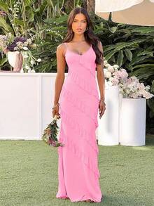 Women's Backless Bodycon Spaghetti Strap Elegant Ruffle Maxi Cocktail Party Dresses, 2025 QMO3 - 粉色 - 查看 9