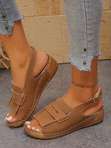 Giày sandal nữ đế dày, khóa cài, hở mũi, màu trơn, phong cách bohemian, thanh lịch, thời trang nghỉ mát, gợi cảm, sandal đế xuồng có khóa cài, thích hợp cho trong nhà, ngoài trời, bãi biển mùa hè. - màu nâu - Xem 4