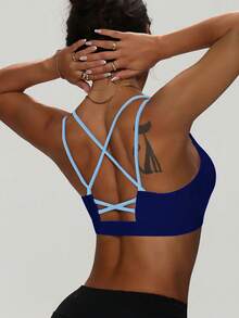 Women's Solid Color Round Neck Criss-Cross Removable Padded Fashionable Knit Sports Bra - Navy Blue - View 2