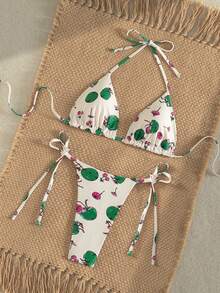 Women's Sexy Backless Tie-Up Sides Bikini Set With Coconut Print, Bohemian Style - White - View 4