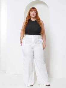 Plus Size Fashion Long Pants Without Belt And Pockets Without Belt - White - View 1
