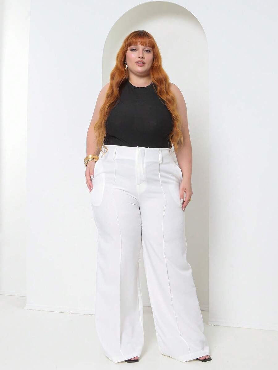 Plus Size Fashion Long Pants Without Belt And Pockets Without Belt - White - View 1