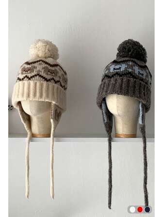 费尔岛针织帽，女士冬季耳暖滑雪帽，百搭拉法帽，秋冬保暖针织捕兽帽，带绒球，复古风格