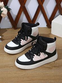 BAOLIANGXIONG Color Block Casual Student Sneakers, Sport Shoes Women's Casual Sports Shoes, Fashionable Sneakers With Thick Soles, Low-Cut Lace-Up White Black Pink Shoes, Outdoor Shoes - 白黑粉紅色高幫 - 查看 6