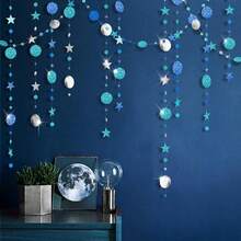Ice Blue Silver Party Decoration Circle Dot Garland Navy Blue Twinkle Little Star Hanging Bunting Banner Steamer Backdrop Shower Christmas Birthday Prom Graduation Wedding Moon Frozen - 藍色 - 查看 2