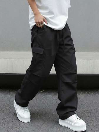 Calça casual masculina de perna reta, minimalista, respirável, com cordão, vários bolsos, calça cargo, primavera e outono